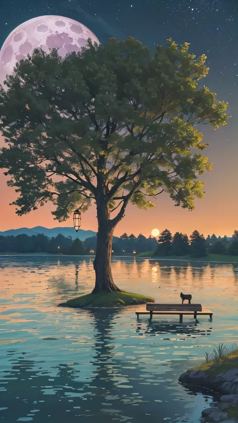 there is a bench on the lawn near the lake and a giant tree with the moon reflecting in the water, Cows grazing near a tree,  the moon is reflecting in the water , full Moon in the background, full Moon in the background, big Moon in the background, big Moon in the background!, (Moon in the background), Moon reflected on the water, Moon in the background, A perfect and clear moon,  Moon in the background  