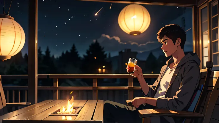 " A quiet evening on an elevated terrace ,  under a starry sky . A young man relaxes in a chair ,  watching the moon and stars shining softly . The wind blows lightly ,  moving some paper lanterns that slowly float across the sky .  Small fireflies flash a...