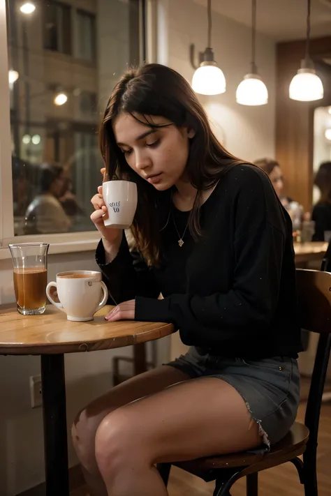  30-year-old woman with a youthful appearance is sitting alone at a cozy café near a large window, sipping a warm cup of coffee. She wears casual yet stylish black clothing, and her expression is calm as she gazes outside, watching the rain softly fall on ...