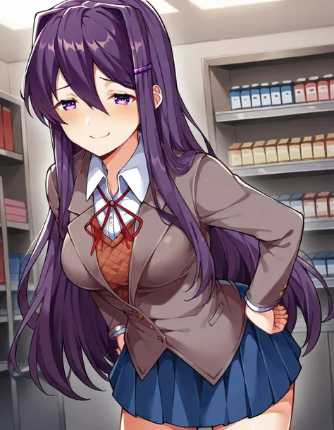 score_9, score_8_up, score_7_up, source_anime, yuri, yuri (doki doki literature club), hair ornament, hairclip, long hair, purple eyes, purple hair, hair intakes, hair between eyes, sidelocks, medium breasts,, skirt, shirt, ribbon, school uniform, jacket, ...
