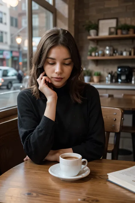  30-year-old woman with a youthful appearance is sitting alone at a cozy café near a large window, sipping a warm cup of coffee. She wears casual yet stylish black clothing, and her expression is calm as she gazes outside, watching the rain softly fall on ...