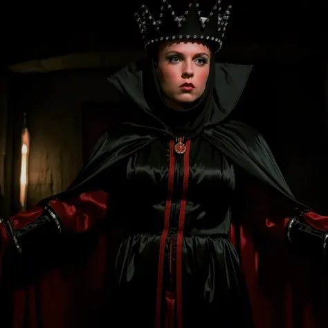 cinematic closeup film still of Evil Queen a Long shot of a surprised woman with Huge Wide Bulging Eyes , Very busty in a black costume, Long Black Satin Cape with red satin Lining and a black crown with wide staring eyes and a shock expression on her fac...
