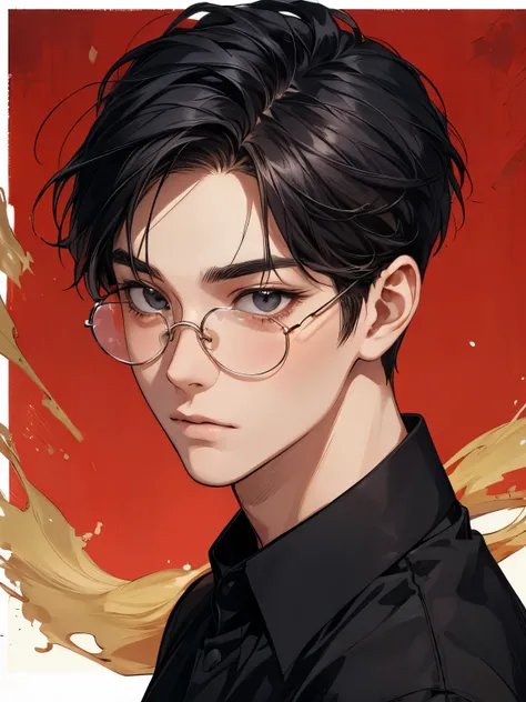 Portrait of young asian man, a bit rounded face, realistic cartoon, using rounded rectangle glasses, black shirt, looking out from camera, side face, cool but fine expression, short swept up hair.