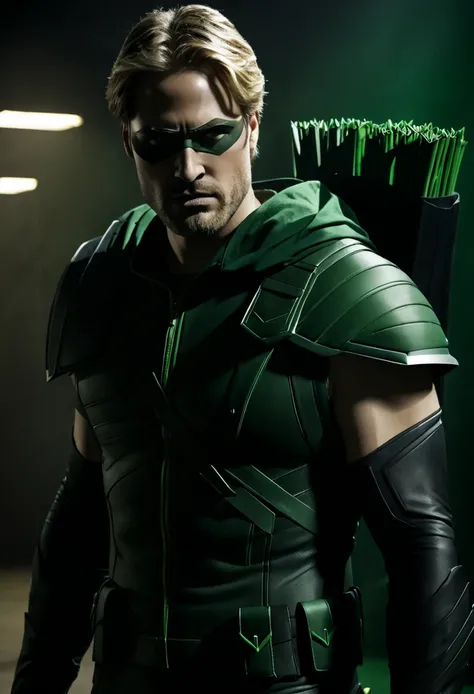 cinematic image of Justin Hartley as Green Arrow live action