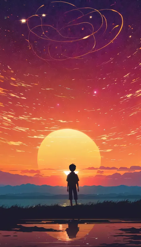 Draw a simple art in Tintinpixai style,minimalist a young boy pequeño  long exposure starry sky with many circular orbits, focus at stars,silhouette Anime beautiful peace scene, verano  sun sunset nostalgic animated animated art background, Makoto Shinkai!...