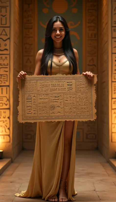 A hyper-realistic wide scenery image shot of a prehistoric beautifully fullbody female queen Cleopatra Pharaoh holding lifted a big size hieroglyph carved cliparts on a papyrus sheet, symmetrically balanced in image composition. The beautifully Pharaoh is ...