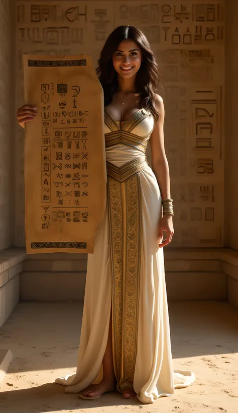 A hyper-realistic wide scenery image shot of a prehistoric beautifully fullbody female queen Cleopatra Pharaoh holding lifted a big size hieroglyph carved cliparts on a papyrus sheet, symmetrically balanced in image composition. The beautifully Pharaoh is ...
