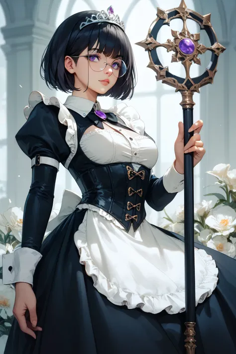 masterpiece
tall, slender, 1girl, black hair, short hair, bob cut, long bangs, short back,( maid:0.7), white tiara, warrior, mage, long dress, black dress, corset, white shirt, medium chest, round glasses, violet eyes,  standing, holding staff