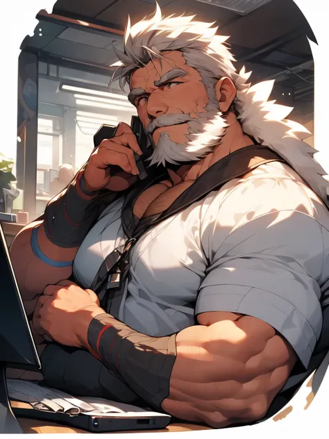  Main Single 、  Very Fine 、 Detailed Face 、  Delicate Eyes 、 detailed hand 、Detailed description、View Full Body(Upper-Body Below )、 Strong Body 、Fat(Fat、Fat)、silver hair、long beard、Good arm、Good eyes、 elderly、 Computer Punk Costume