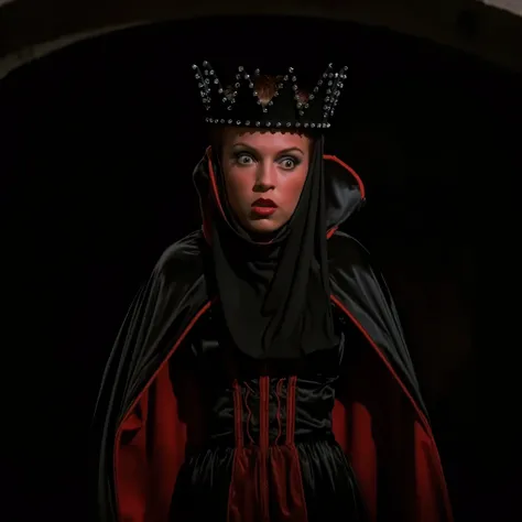 cinematic closeup film still of Evil Queen a Long shot of a surprised woman with Huge Wide Bulging Eyes , Very busty in a black costume, Long Black Satin Cape with red satin Lining and a black crown with wide staring eyes and a shock expression on her fac...