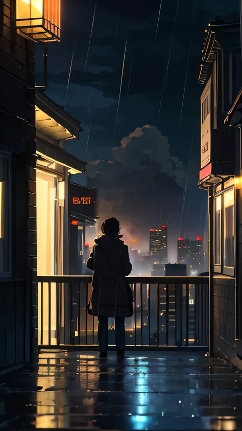  Night scene in a high-rise apartment ,  where a character is seated in porch railing ,  watching the city wet by rain .  Drops slide slowly through the balcony glass ,  reflecting neon lights from buildings and street poles .  The character holds a cup of...