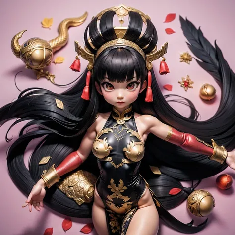 32 K（tmasterpiece，k hd，hyper H D，32 K）Long flowing black hair，ponds，z ydink， a color， Asian people （Silly girl）， （Silk scarf）， Combat posture， looking at the ground， long whitr hair， Floating hair， Carp pattern headdress， Chinese long-sleeved clothing， （ab...