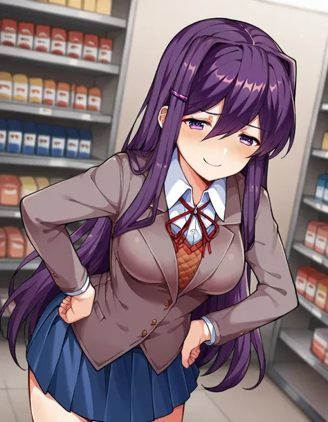 score_9, score_8_up, score_7_up, source_anime, yuri, yuri (doki doki literature club), hair ornament, hairclip, long hair, purple eyes, purple hair, hair intakes, hair between eyes, sidelocks, medium breasts,, skirt, shirt, ribbon, school uniform, jacket, ...