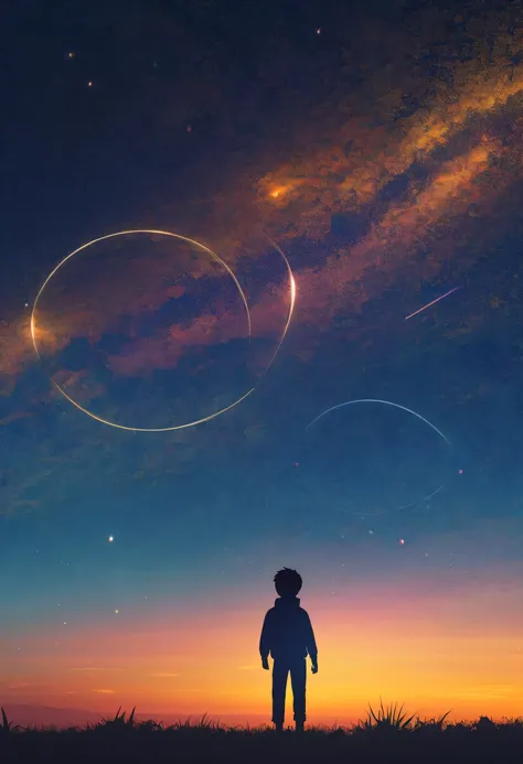 Draw a simple art in Tintinpixai style,minimalist a young boy pequeño  long exposure starry sky with many circular orbits, focus at stars,silhouette Anime beautiful peace scene, verano  sun sunset nostalgic animated animated art background, Makoto Shinkai!...