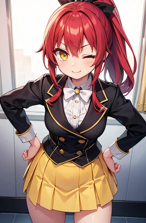  high image quality　 Masterpiece　 red hair 　 long ponytail　 yellow eyes　 formal uniforms 　 miniskirt　 one eye closed while looking up　smile　I'm crossing my hands behind my hips　 punch