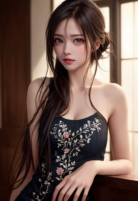 8K, of the highest quality, masutepiece:1.2), (Realistic, Photorealsitic:1.37), of the highest quality, masutepiece, Beautiful young woman, Pensive expression, Gentle eyes, sexy camisole、Hair tied back, Messy mood, Cinematic background,  Light skin tone