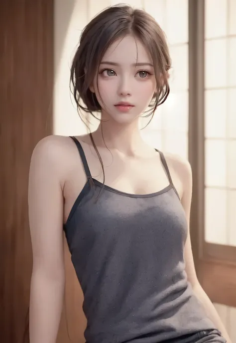 short hair, 8K, of the highest quality, masutepiece:1.2), (Realistic, Photorealsitic:1.37), of the highest quality, masutepiece, Beautiful young woman, Pensive expression, Gentle eyes, sexy camisole、Hair tied back, Messy mood, Cinematic background,  Light ...