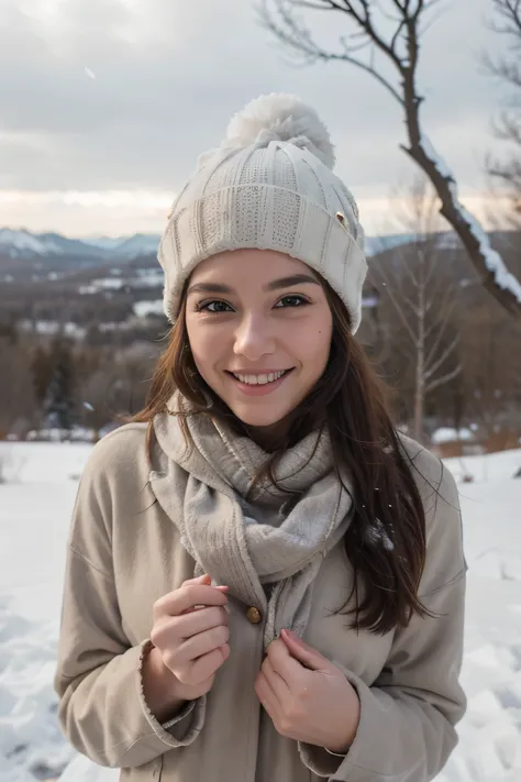 A 30-year-old woman with a youthful, Latina appearance is enjoying a snowy landscape, taking a natural selfie for Instagram. She has a joyful expression, smiling as snowflakes gently fall around her. She is bundled up in a cozy, stylish winter jacket, with...