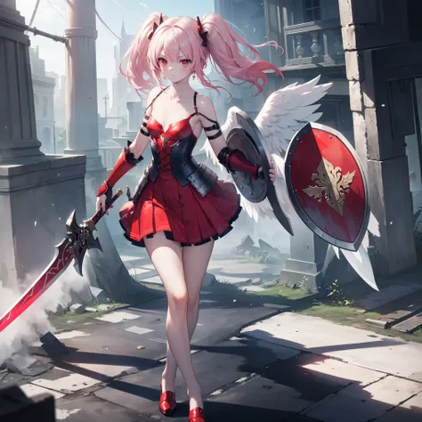 ((Angel girl with sword and shield)), High-quality, masterpiece, delicate hair, intricate eyes, high resolution, exceptional detail, photo-realistic, ((a single girl, full-body depiction, cute girl, beautiful girl, long pink hair, twin-tails, red eyes, ang...