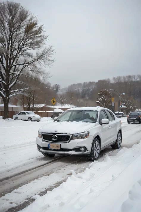 A car is stuck in deep snow after a fierce winter storm. The snow has piled up around the tires, completely covering the lower half of the vehicle, leaving it immobile in the middle of a snow-covered road. The sky is overcast, with heavy snow still falling...