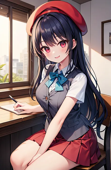  high quality　 Masterpiece　 beautiful girl　　 dark blue hair 　 long hair　 red eyes　 lori　 small breasts　smile　feathered beret　Grey Shirt　white vest with front opening　 red skirt　 legs open　Study