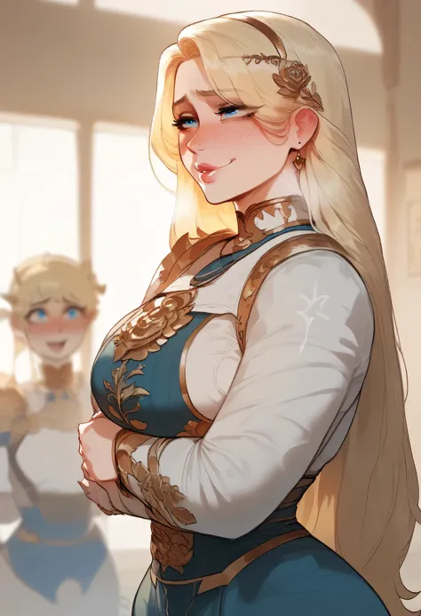 Score_9, Score_8_up, Score_7_up, Score_6_up, 1female, taller frame, wide hips, dommy mommy, long blonde hair, blue eyes, submissive posture, blushing, peasant outfit, poor outfit, shy smitk, happy, posing, upper body, best quality, by krekkov, by Floox,