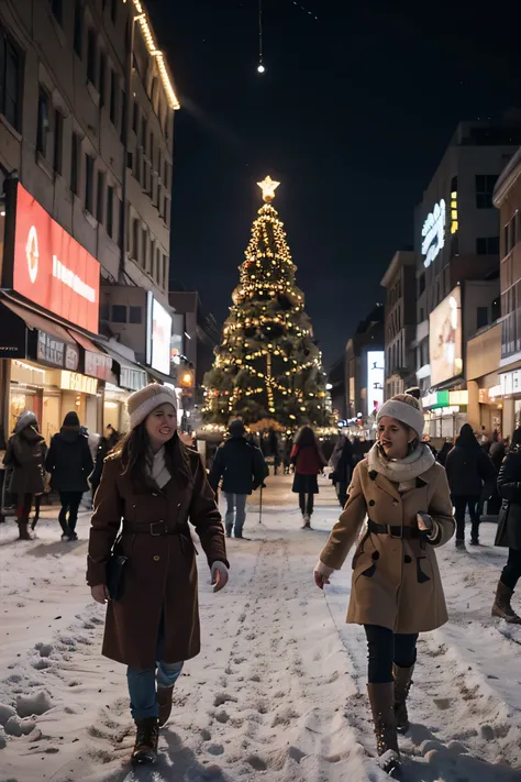 A beautiful city square during Christmas time, inspired by Times Square, is filled with holiday magic. The area is bustling with festive energy, with dazzling Christmas lights adorning every building and tree. Snow gently falls, blanketing the ground and a...