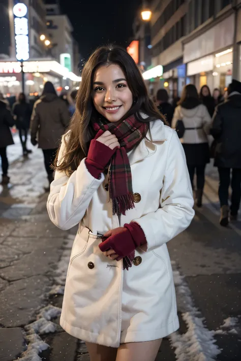 A 30-year-old woman with a youthful, Latina appearance stands in the heart of a beautiful city square during Christmas, inspired by Times Square. She is dressed in a stylish winter coat, scarf, and gloves, with her hair slightly tousled by the gentle snowf...