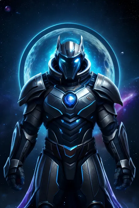 An awe-inspiring ,extremely detailed, ((standing upper body portrait of a space knight)), draped in shimmering, cosmic armor that glistens with starlight, as though the galaxy itself is embedded within their suit. The knight wields a glowing, futuristic sw...