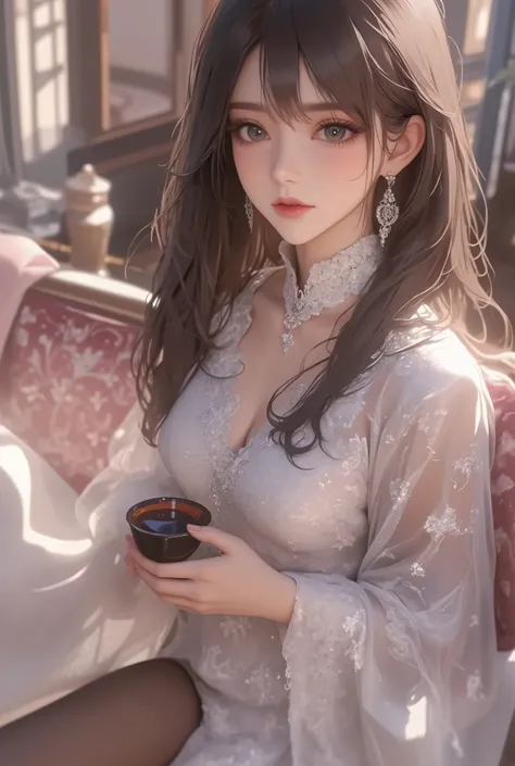 masterpiece, 8k, best quality, extremely detailed, apartment, realistic, mature, black tea, very long hair, black eyes, black hair, happy, chinese clothes, high heels, black pantyhose