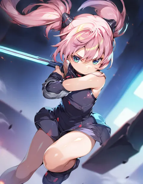 1girl,  little female, beautiful detailed eyes, wind, cyberpunk, weapon, stance, game CG, break,(artist:orion_(orionproject) ),artist:fujiyama,artist:onono_imoko,break,(masterpiece), (best quality), (ultra-detailed),(Detailed Lighting), very aesthetic, new...