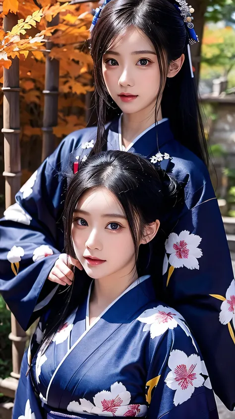  in high definition、 Masterpiece, ( dark blue kimono ), Good Girl ,  good lighting ,  Face Details ,  detailed details on how to properly wear a kimono, Indigo dyed kimono, Shining Eyes,  1 girl completely naked,  black hair, bamboo,  autumn leaves backgro...