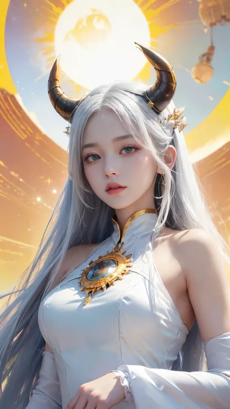 (Absurdly, high quality ,  very detailed,32K、 high image quality、Ultra HD、 golden ratio face、 by Nomi、 complicated、 High Detail Teal 、 Ultra High Resolution 、 Near Future Art)、(((Battle Goddess Ishtar 、 white straight hair、 Devil's Horn)))、((( Pure White S...