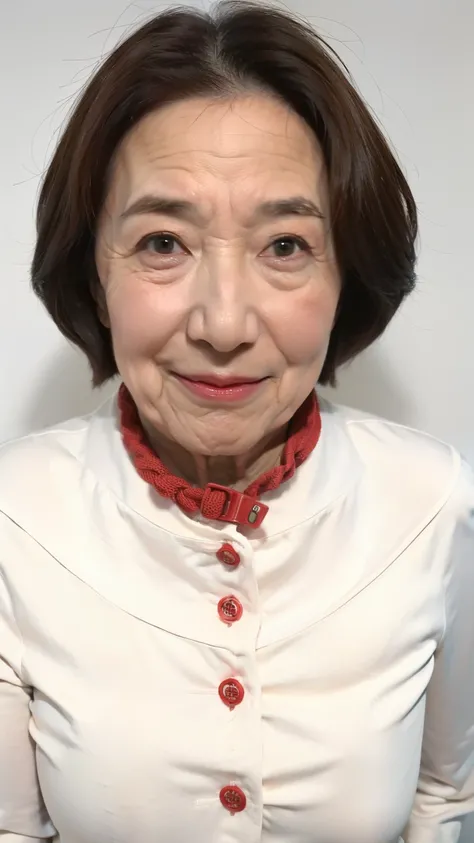 ((( alone))), old woman, Older Mature Woman,  pure white background,  gravure separately,   Facing the front , (( face to center of screen)), Shape of eyebrows,   correctly depicts lips  , red lips,   flashy makeup, From the chest up,  Masterpiece,  top qu...