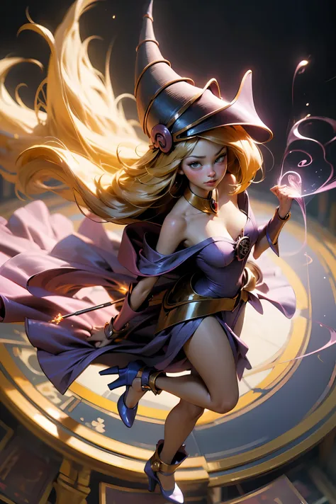 ( masterpiece:1.2), ( the best quality:1.2), perfect lighting, Dark Magical Girl casting a spell, In battle.  floating in the air , medium breasts visible,  transparent neckline, blue robe, large hat,  from above, Flashes, Yugioh game, The magic of the hea...