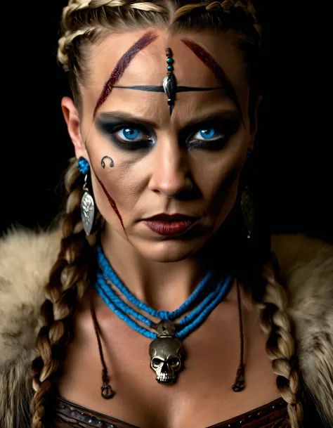 cinematic film still dramatic side lighting, dramatic intense stare closeup portrait, dark black background, hdr, dramatic beautiful warrior woman with warrior face paintings and blood, viking braids, blue eyes, pelt, skull necklace, shallow depth of field...