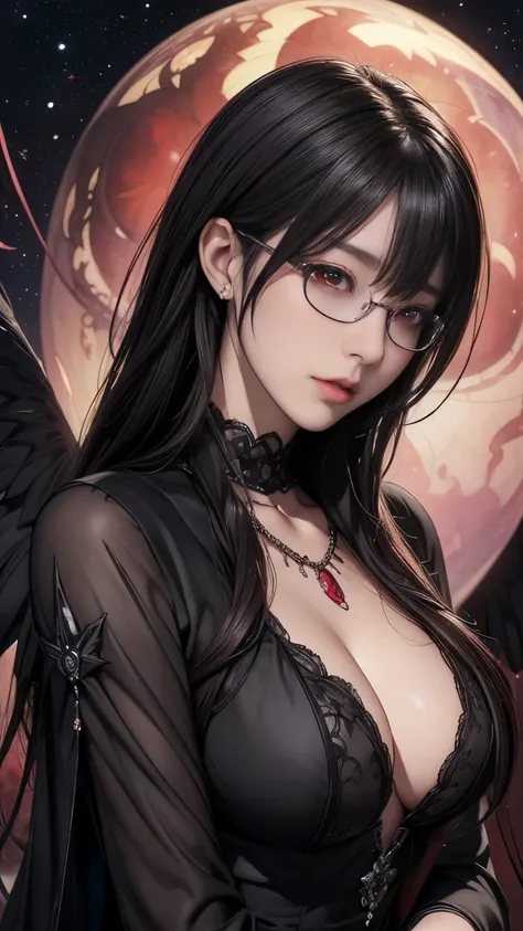 (  top quality ,  Hi-Res:1.2),( witch、Villainess、devil:1.5),( horror theme、 All Stars World Gothic Witch 、Dark Fantasy:1.5), (   ink and watercolor:1.5), (Ominous Scenery 、 Countless Stars Fly  :1.5),(A provocative smile:1.5),(1900s:1.5), (Shocked face:1.5...