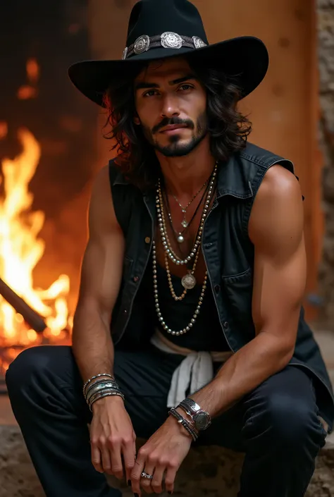  Character

Moreno
Arabian face 
Shoulder-length curly hair 
Black hat with silver medallions
Black leather vest
Closed beard 
Black pants with a white fabric tied
Black boots
Necklaces ,  bracelets and silver rings
Hoop earring in one ear
Slim and slender...