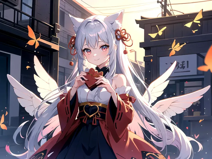 Japanese anime style. Standing on a street corner, she is a moe-cute cat-ear clad in red and black. She is handing out chocolates on Valentine's Day. The camera zooms in on her synchronized movements, showing the intricate details of her costume. Her beaut...