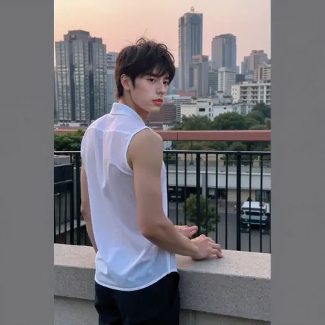 Masterpiece,  Best quality,  High resolution, 1 Handsome asia man ,He's wearing a white shirt,A handsome young man stands with his back to the viewer, looking directly at them. In front of him is a long fence, with his hands gripping the fence. The backgro...