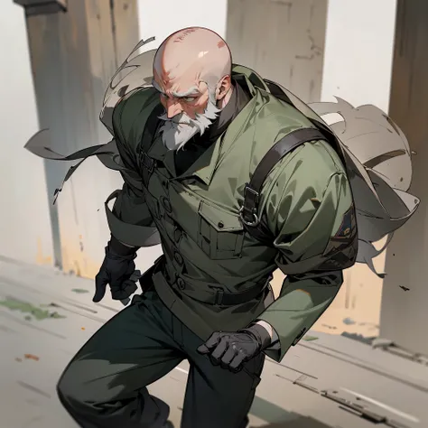 1male, adult, finely detailed grey eyes, (bald), full beard, grey beard, military combat clothing, baggy combat pants, serious expression, (perfect generation), standing on street, detailed background, gloves, scars, rolled up sleeves, mscular