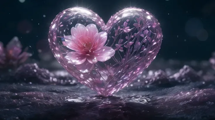 Flower, shiny, rain, sparkles, 10k hd, love, light, hyper realistic, colorful, ethereal, other worldly, unique, glowing flower, sparkling, hyper 3d, sparkling flower, crystal, planet, flower mutated, gorgeous, heart, crystal heart flower, rain, heart flowe...