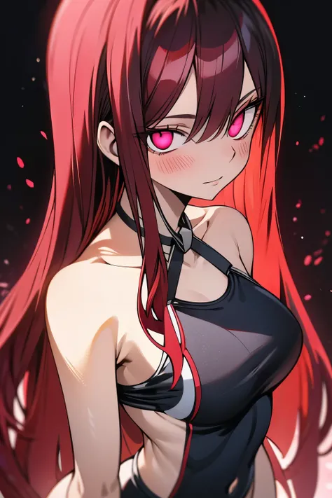 absurdres, highres, ultra detailed, Erza scarlet ,blush , solo , tight black one-piece swimsuit , medium chest, looking at viewer  . 