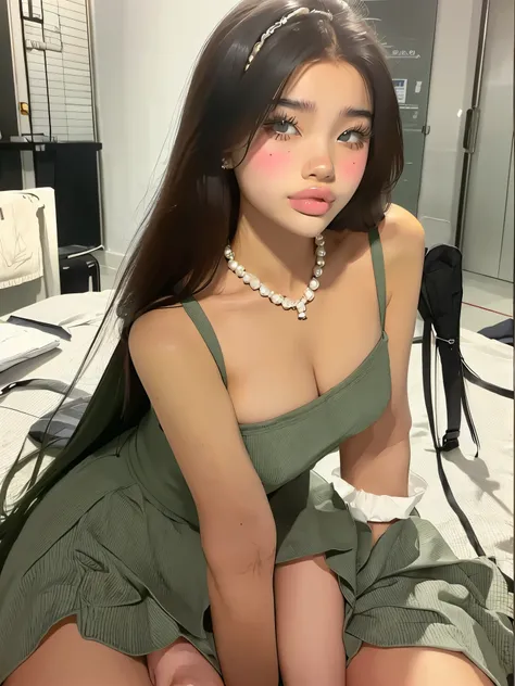 Korean girl Sultana in busty long green dress 