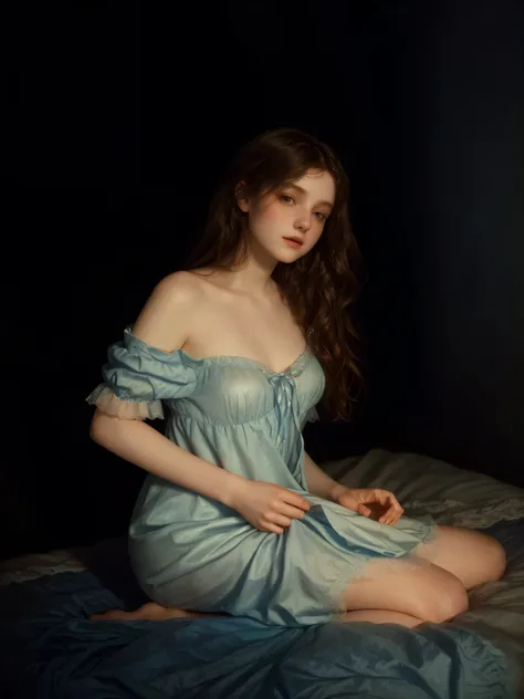 arafed woman in a blue dress sitting on a bed, monia merlo, with pale skin, wearing a nightgown, inspired by Pierre Auguste Cot, nightgown, inspired by Godfried Schalcken, a stunning young ethereal figure, pale fair skin!!, light blue dress portrait, pale ...