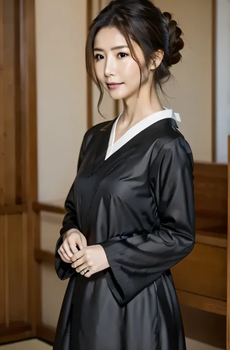 ( top quality,16k, Masterpiece),
 very beautiful Japanese model, hair up,
 slender body, thighs,
Mourning clothes,