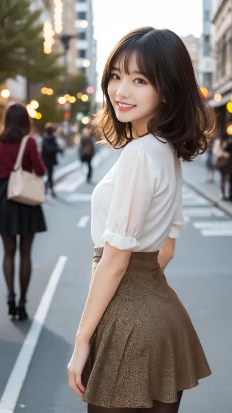 (( Masterpiece)),(((  top quality ))),  thin thighs ,  long legs ,whole body:1.5，(  one girl :1.3),(  wear black pantyhose and high heels ：1.3),(Wear a polka dot skirt dress  :1.2),Brown and curly hair :1.2、 beautiful smile:1.5， dynamic pose:1.2，Skirt with...