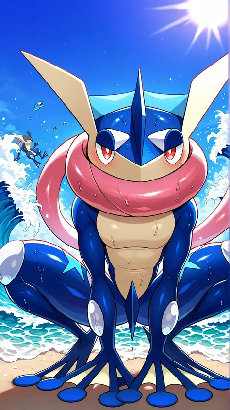 greninja man,  man , eyes     (   Pokemon   ), roca, ,           white pupils       , Long language      ,    red eyes,        shiny skin    , squatting,         watching the viewer  ,        arm support       ,    Water, wet, suno,       cinnamon white , ...