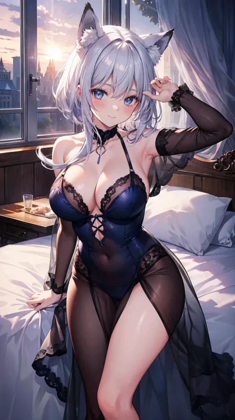 Masterpiece, Highest quality, 8K, 1Silver-fox-female:1.4, 23-years-old, Silver-fox-ears:1.4, Silver-fox-tails:1.2, Silver-medium-hair, Blue-eyes, Beautiful and well-shaped big breasts:1.4, Standard weight, Perfect anatomy:1.4, Cowboy shot, Deep-Purple-colo...