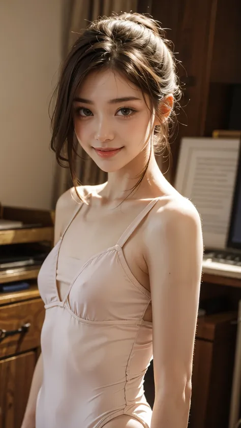 Ultra HD 4K,'s greatest masterpiece,(( pictures indistinguishable from reality:1.4)),((Portrait of Grand Joutet:1.4)), ((Slim body shaped like a ballet dancer:1.3)),((,22 years old,Smile, face focus:1.4)),((Beautiful principal )),recital costume dress,